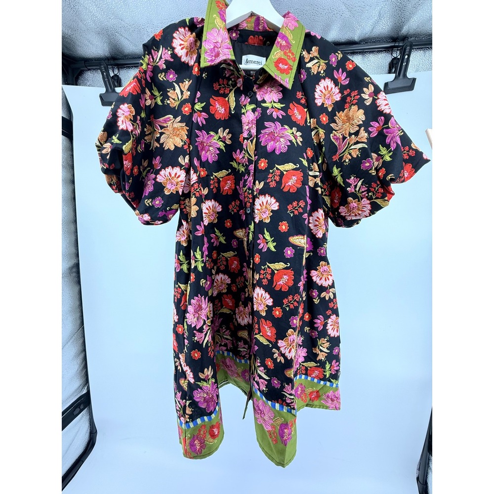 &merci Floral Butterfly Puff Sleeve Mini Dress Black Green Size S NWT